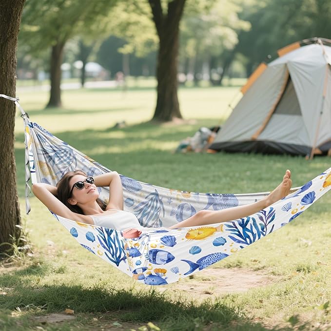Camping Hammock Outdoor Hammocks for Outside Seaweeds Fish Seashells Beach Trees Portable Lightweight with Pockets Tree Straps Indoor