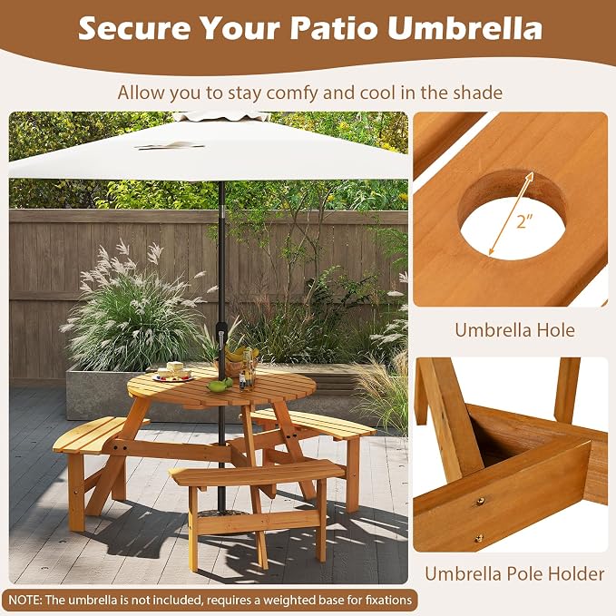 Giantex 6-Person Round Picnic Table Set with 3 Benches, 550 LBS Bench Capacity, 2" Umbrella Hole, Circular Outdoor Wood Dining Table & Chairs for Patio Yard Garden Porch Deck (68”x62”x28”,Yellow)