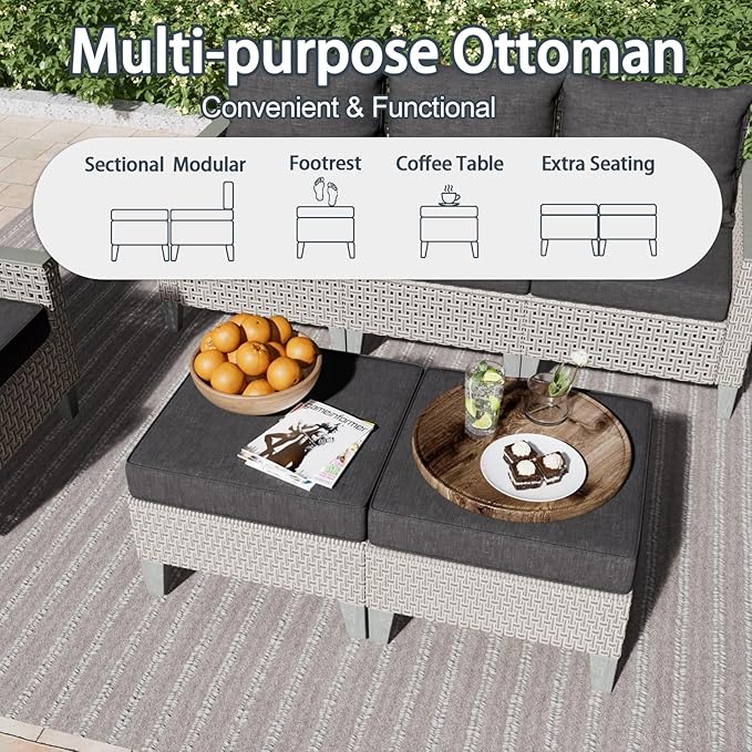 Outdoor Patio Furniture Set with Rattan Fire Pit Table 8-Piece Modular Wicker Sectional Sofa with Ottomans and Thick Cushions, Modern Rattan Outdoor Conversation Couch, Black