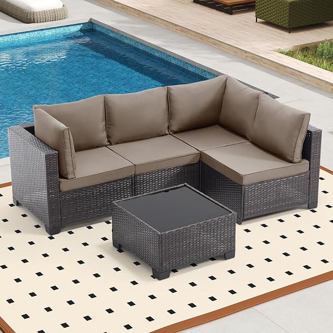 Bonzy Home 5 Pieces Outdoor Patio Furniture Set, PE Rattan Outdoor Sectional Furniture Sofa Set with Removable Cover and Glass Coffee Table, Patio Sofa for Balcony, Porch, Garden, (Brown-Khaki)