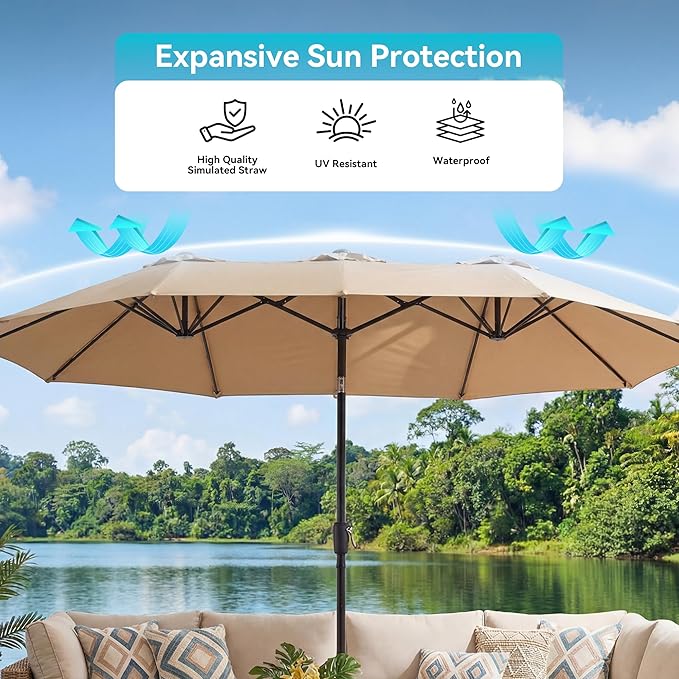 COSIEST 15FT Patio Umbrella with Base Included, Outdoor Double-Sided Table Umbrella,Large Rectangular Market Umbrella w Crank Handle for Garden, Pool, Deck Shade, Khaki
