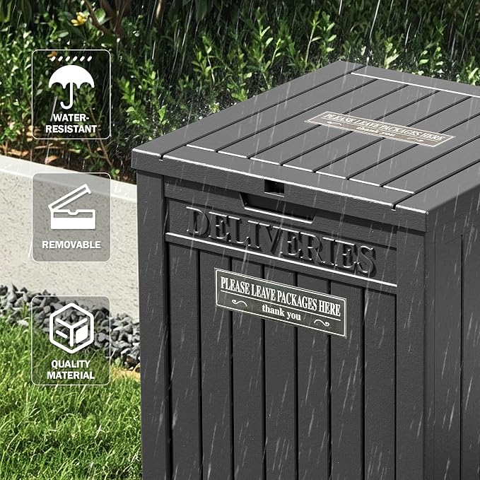 Package Delivery Box for Outside With Sign, Lockable Outdoor Storage Box Waterproof Deck Box, Large Double Wall Resin Parcel Drop Boxes, 48 Gallon, Black
