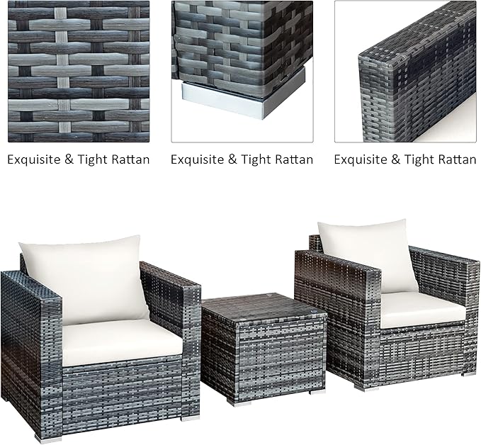 DORTALA 3 Pieces Patio Furniture Set, Outdoor Rattan Sofa Couch Set with Cushions, Tempered Glass Coffee Table, Wicker Patio Conversation Set for Lawn Backyard Poolside Balcony, White