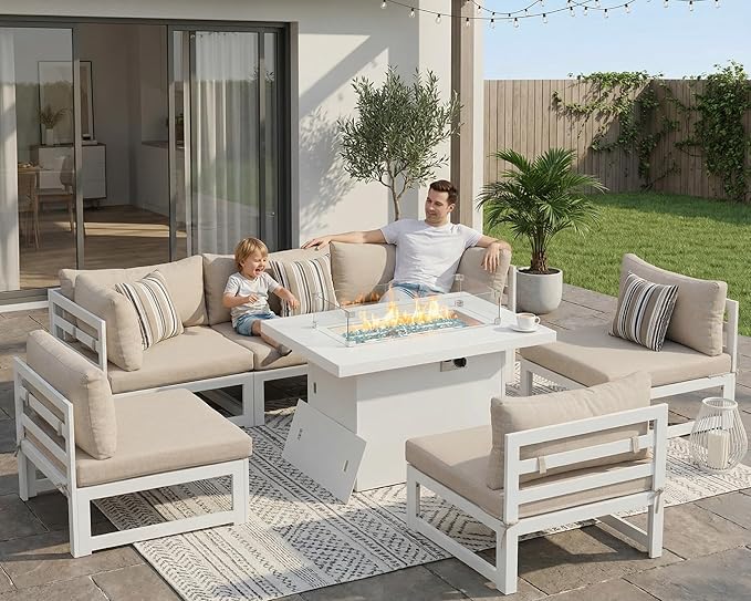 NICESOUL 6 People Large Luxury Aluminum Patio Conversation Set with Fire Pit Table Propane/Gas, 29" Deep Wide U Shaped Sectional Couch, 500 lbs Heavy Duty All Weather Outdoor Sofa for Backyard, Beige