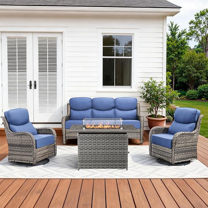 Luxury High Back Patio Furniture Set with 6-Inch Thick Cushions, 4-Pieces Outdoor Furniture with Swivel Chairs, Wicker Conversation Set for Porch, Balcony, Deck and Yard, Grey/Blue
