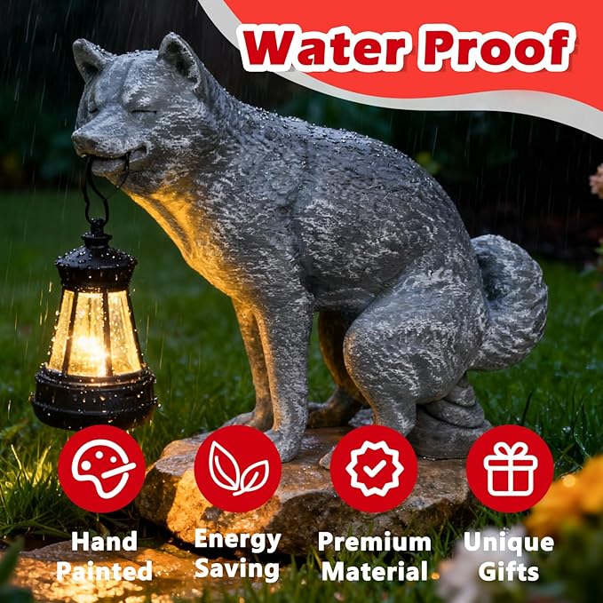 Discreet Wolf Garden Statue - The Loyal Guardian's Surprise Solar Lantern - Unique Dog Resin Figurine for Lawn Patio Yard - Funny Gag Gift for Gardeners - Birthday Gifts for Grandma Mom Women