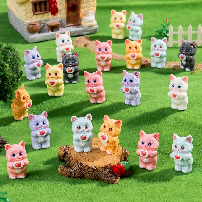 28 pcs Mini Resin Colorful Cats Variety Tiny Animals Figures Miniature Little Small Cat Figurines Bulk for Micro Fairy Garden Landscape Accessories Hide Crafts Decor