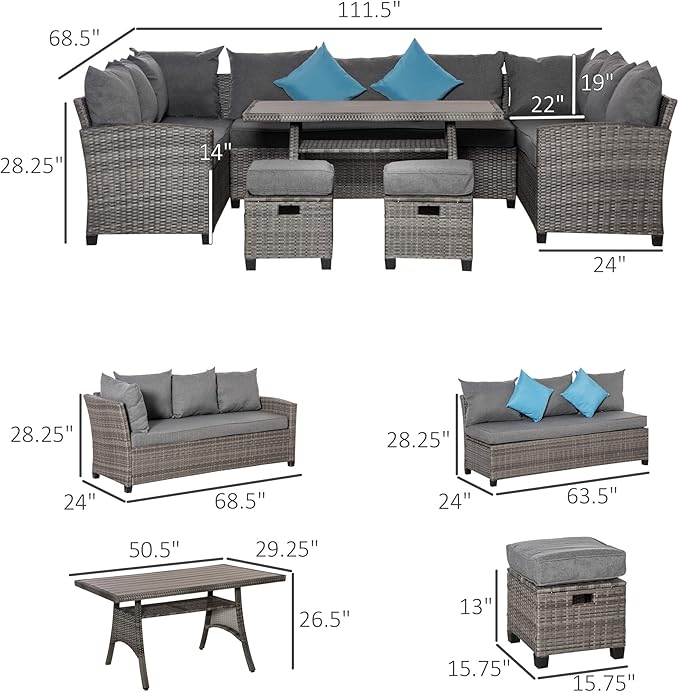 Outsunny Patio Furniture Set, 6 Piece PE Wicker Outdoor Furniture, Conversation Set with Ottomans, Table & Chairs, All Weather Sectional Sofa Couch, Blue Pillows, Gray