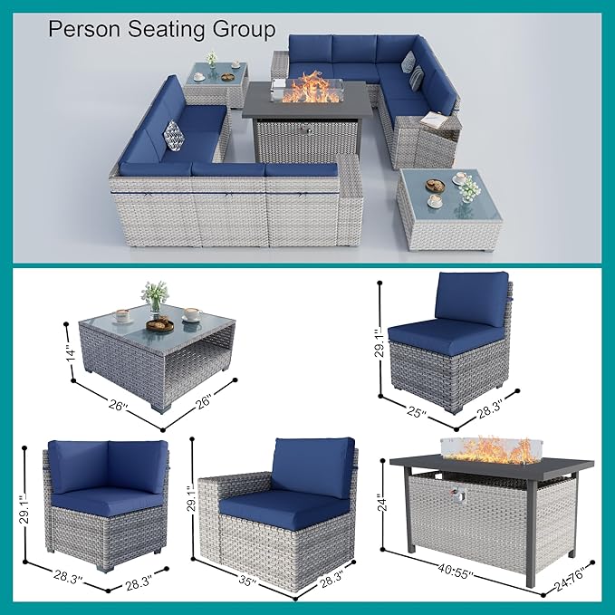 13-Piece Patio Furniture Set, Outdoor Patio Conversation Set with 60,000 BTU Fire Pit Table, PE Rattan Wicker Sectional Sofa with Large Capacity Seats, Widened Armrests, Extra High Backrest, Navy Blue