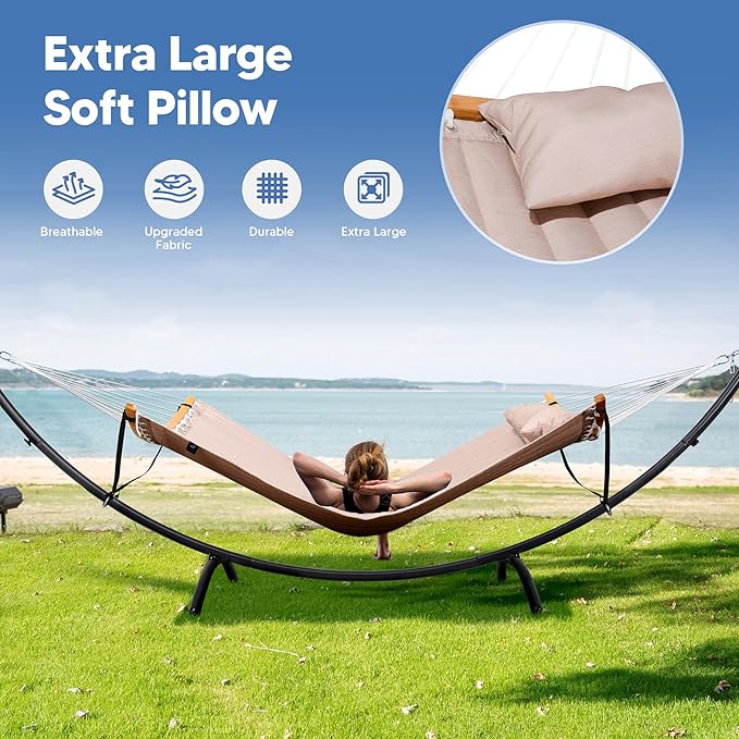 SUNCREAT Portable Double Hammock with Stand, Outdoor Standing 2 Person Hammock Combo, Patent Pending, Tan