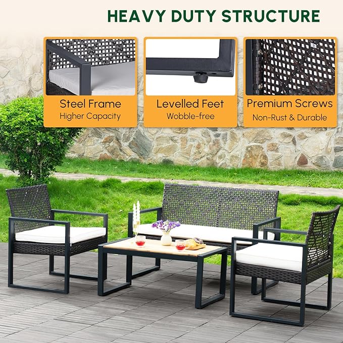BEEFURNI Wicker Patio Furniture Outdoor Conversation Set of 4, Acacia Wood Table, 2 Rattan Chairs, Loveseat, 2” Cushions, All-Weather, Easy Assembly, 1-Year Manufacturer Warranty (Black)