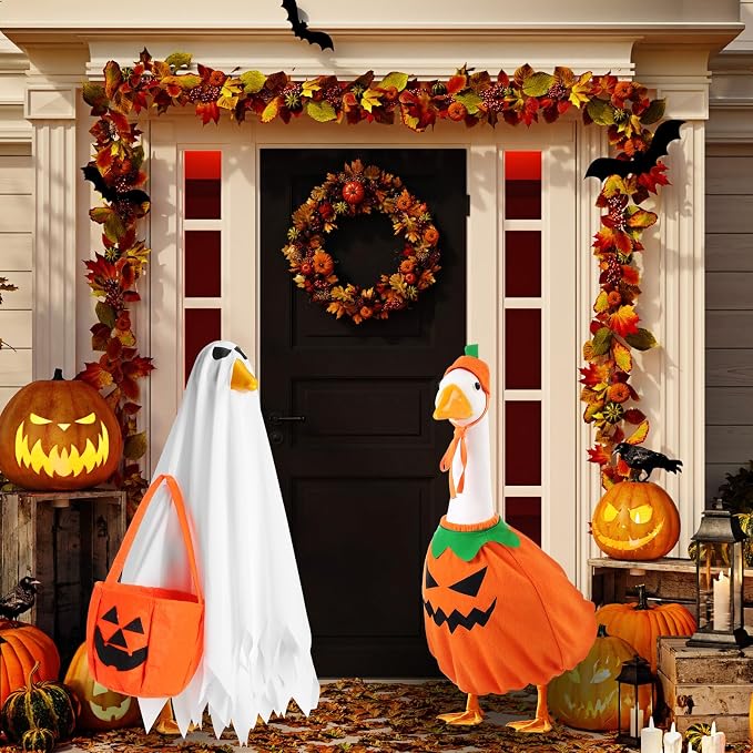 2 Set Halloween Goose Outfit Lawn Porch Goose Cloths Plastic Clothing Fall Halloween Outfit for 23 Inches Outdoor Patio Yard Lawn Art Decoration