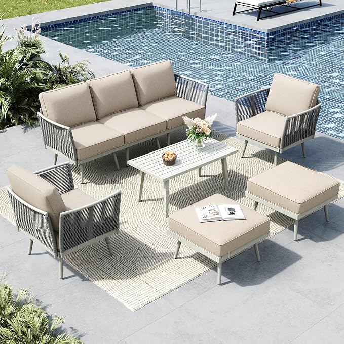 MFSTUDIO 8 Pieces Metal Patio Furniture Sets with Detachable Rope Rattan Armrest, 7 Seats Steel Outdoor Conversation Set All Weather Patio Sectional Couch with Coffee Table & Ottomans, Beige Cushion