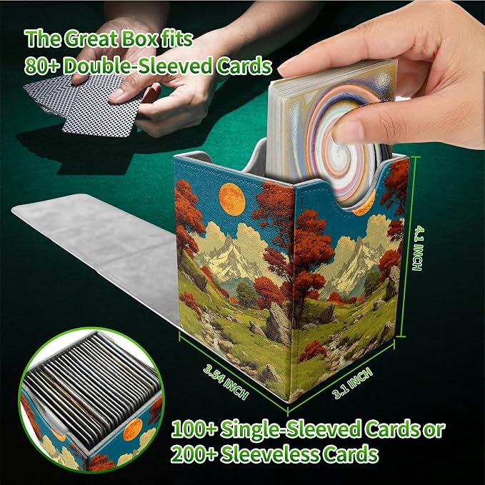 Snow Mountain Moon Brook Card Deck Box for MTG, Personalized Card Storage Case Fits 120+ Sleeved Cards, Premium Leather TCG Box with Strong Magnetic Closure for Magic, PTCG, Baseball Cards