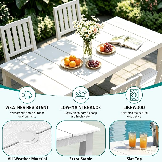 PLUUV 7-Piece Outdoor Dining Set – HDPE Patio Furniture with Umbrella Hole Table, Aluminum Legs, and 6 Armless Chairs, Weatherproof & Easy-Clean for Backyard, Garden, White