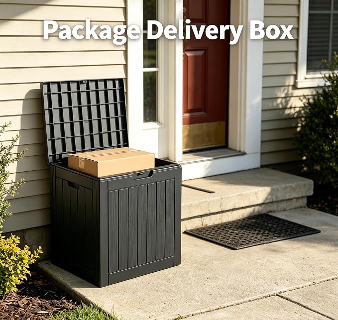 LAUSAINT HOME 31 Gallon Resin Deck Box, Package Delivery Box with Lockable Lid, Waterproof Outdoor Storage Box For Garden Tools, Patio Cushions(31 Gallon,Black)