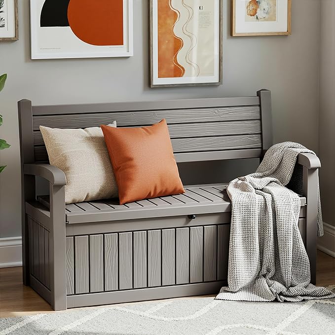 80 Gallon Outdoor Storage Bench Spacious Storage Box Waterproof Resin Deck Box Lockable for Patio, Garden, Livig Room & Outdoor Spaces（Grey）