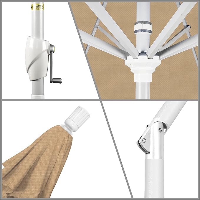California Umbrella 7.5' Round Aluminum Market Umbrella, Crank Lift, Push Button Tilt, White Pole, Champagne Olefin