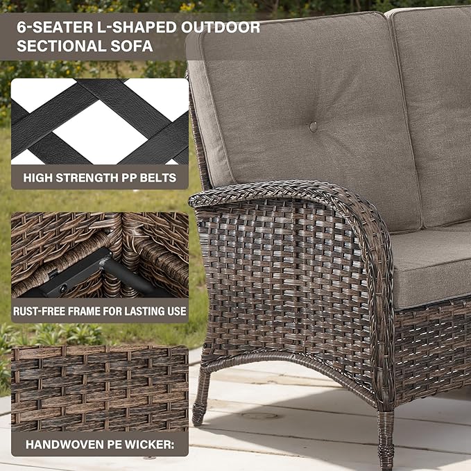 Belord 8 Pieces Patio Conversation Set with 43” Propane Fire Pit Table, Outdoor Sectional Furniture Sofa Set with Removable Gray Cushions for Patio Deck Backyard Brown