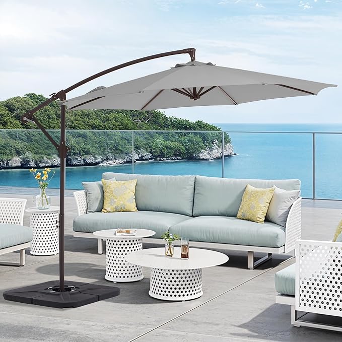 10FT Patio Umbrella, Outdoor Offset Cantilever Umbrella with Sturdy 8 Ribs and Reinforced Base, Easy Tilt Adjustment for Backyard Pool Garden,Light Gray