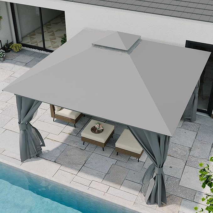 LAUSAINT HOME 12'x12' Outdoor Gazebo, Metal Frame Heavy Duty Patio Canopy Tent Shelter with Double Roofs, Mosquito Nettings and Privacy Screens for Backyard, Garden, Lawn, Gray