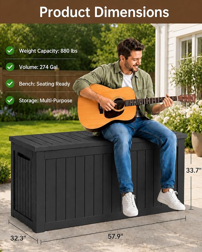 MAKINO 274 Gallon Large Waterproof Deck Box, Heavy Duty Resin Outdoor Storage Box, Outside Storage Bench with Hydraulic Rod for Patio/Furniture Cushions/Garden Tools/Backyard/Pool Accessories, Black