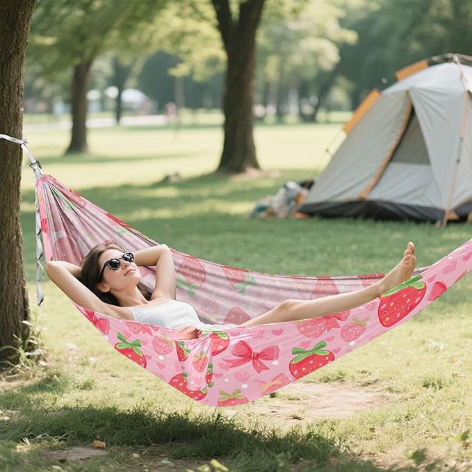 Camping Hammock Outdoor Hammocks for Outside Strawberry Bows Beach Trees Portable Lightweight with Pockets Tree Straps Indoor Small