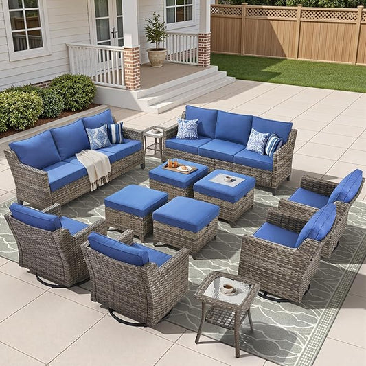 12 Piece Patio Furniture Set-High Back Outdoor Furniture Set Sectional Sofa with Wicker Swivel Patio Chairs,Comfy Cushions Ottomans for Porch Balcony Patio Deck Grey/Blue