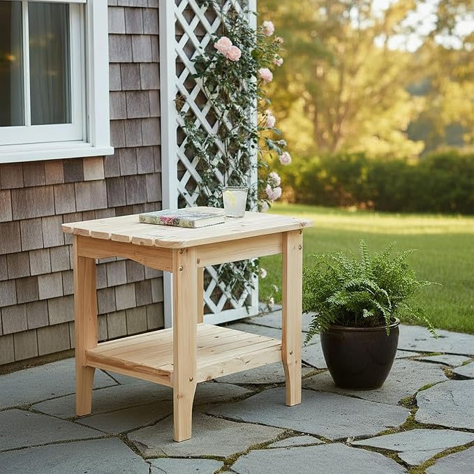 Shine Company Long Island Rectangular Solid Wood End Table, Outdoor Adirondack Side Table, Natural