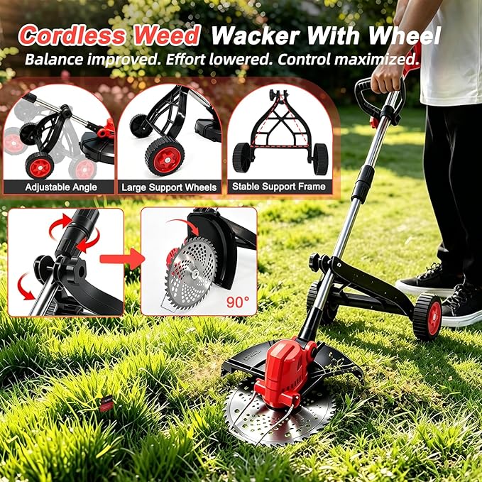 Electric Weed Wacker with Wheel, 3-in-1 Brushless Brush Cutter/String Trimmer/Grass Trimmer/Lawn Mower, 12" Cordless Weed Eater Battery Powered, 2 * 4000mAh Battery, 4 Blade and Charger
