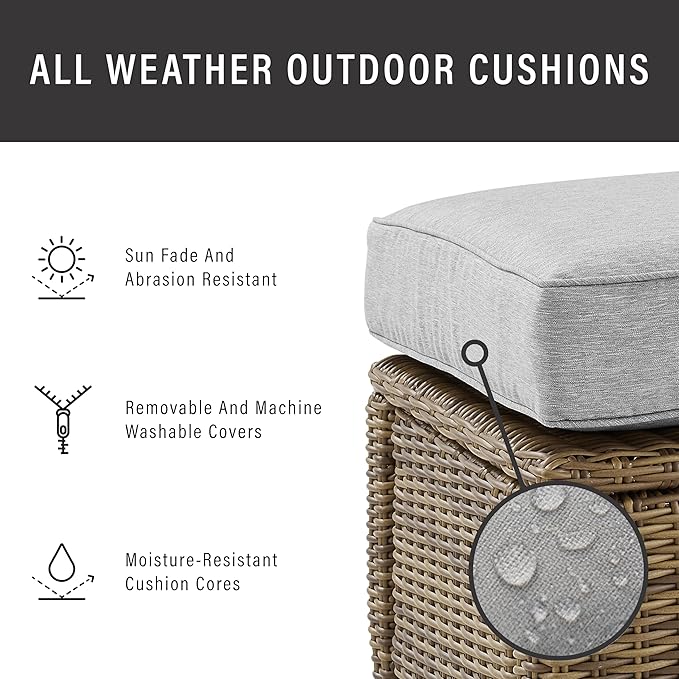 Crosley Furniture Bradenton 2-Piece Outdoor Chair and Ottoman Set, Wicker Patio Conversation Sets for Porch, Brown with Gray Cushions