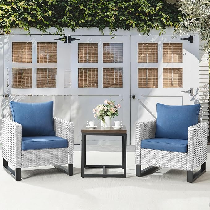 Belord Outdoor Bistro Set 3 Piece Outdoor Wicker Patio Chairs, Oversize Outdoor Rattan Seating Set, All-Weather Chairs Wicker Furniture with Side Table and Removable Cushion for Outside, Light Grey