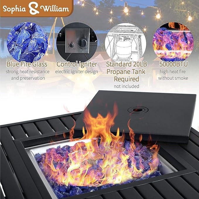 Sophia & William 5 Pieces Patio Dining Set with Gas Fire Pit Table Outdoor Patio Furniture 28" Propane Fire Pit Table 50,000 BTU Auto-Ignition, 4 Patio Swivel Chairs for Lawn Garden Yard Black