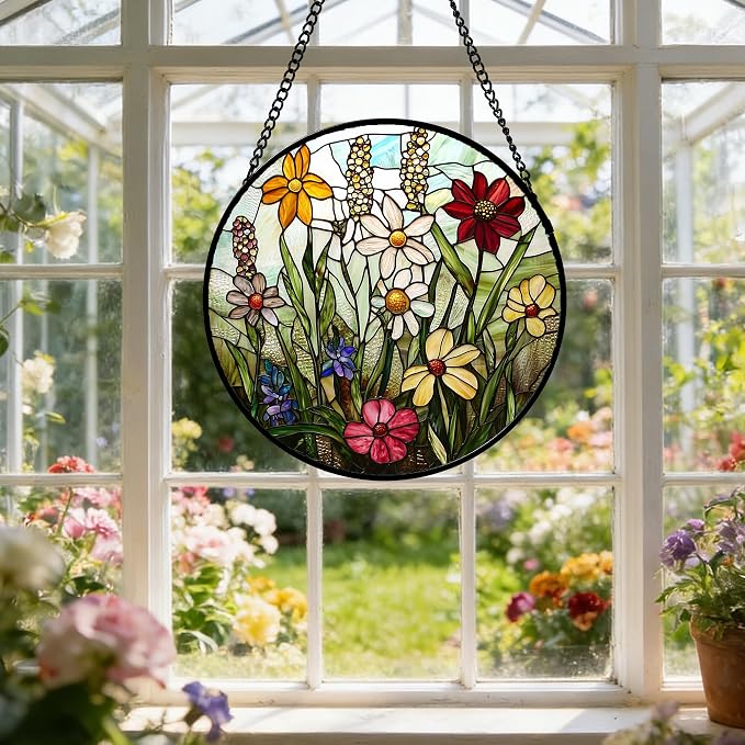 DASTOLL Stained Glass Window Hanging, Colorful Wildflowers Plant Scenery Suncatcher for Doors Window Home White Green Sun Catchers Decor Mother's Day Birthday Gifts for Women, Men Mom 15 in