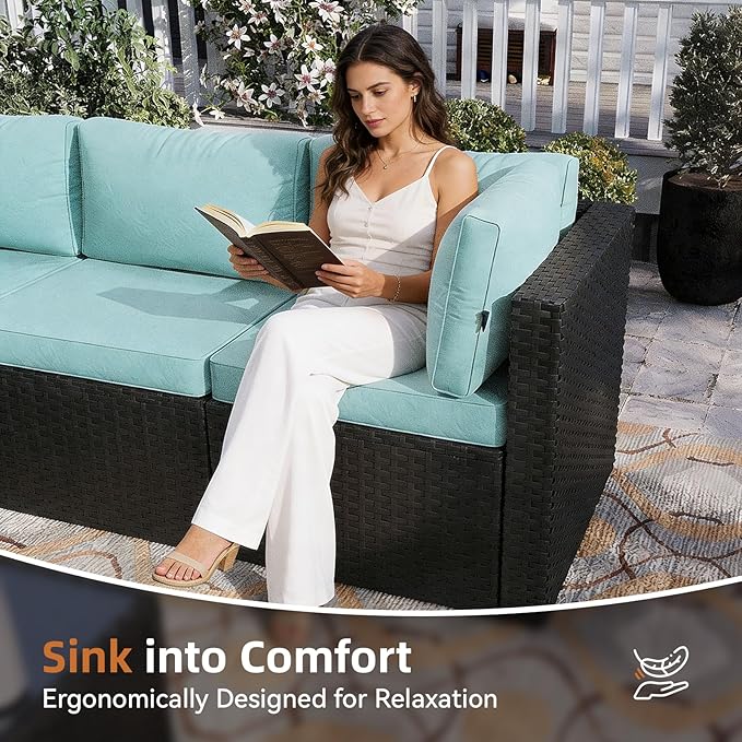 Aoxun Patio Furniture Set 5-Piece, Outdoor Sectional Sofas with Washable Cushion, Wicker Rattan Patio Conversation Sets for Backyard Porch and Poolside, Mint Blue