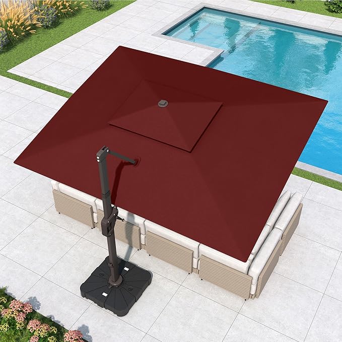 10x13 FT Cantilever Patio Umbrella with Led Lights Double Top Outdoor Rectangular Large Heavy Duty Aluminum Offset Umbrellas with 7 Level Tilt 360-degree Rotation for Pool Garden Deck, Wine Red