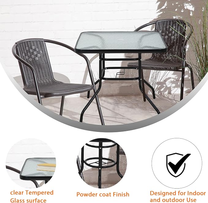 Square Outdoor Table with with Umbrella Hole, 32 Inch Tempered Glass All Weather Umbrella Table Outdoor Tables for Pool, Lawn, Balcony