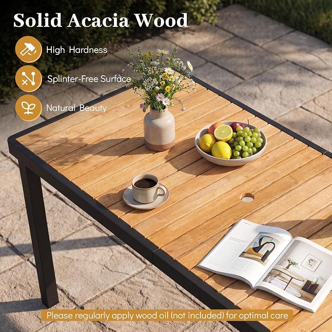 Byroce 58" x 27" Rectangular Acacia Wood Outdoor Dining Table with Umbrella Hole & Black Metal Frame for Patio, Garden & Restaurant, Natural