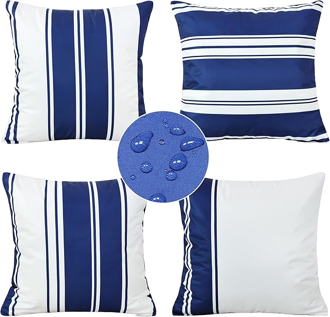 4 Pack Outdoor Waterproof Throw Pillow Covers 18x18 Inch, Striped Navy Blue and White Decorative Pillow Cover, Modern Cushion Cases for Garden Patio Tent Balcony Bench Couch Sofa