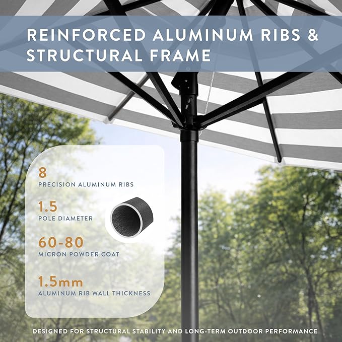 California Umbrella 8-Year Protection 9 Ft Outdoor Patio Umbrella, Solstice Fade-Resistant Fabric, Auto-Tilt, Heavy Duty Aluminum Frame, 8 Reinforced Ribs for Pool or Deck, Black Pole, Gray White Cabana Stripe