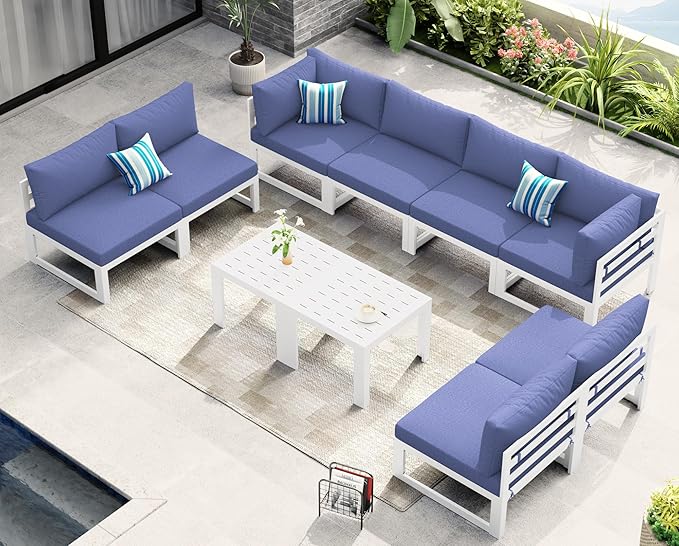 NICESOUL 10 Piece Oversized Modular Aluminum Outdoor Furniture Set with Coffee Table, 29" Deep Wide Sectional Seating, 500 lbs High Weight Capacity Patio Conversation Set for Garden Lawn, Denim Blue