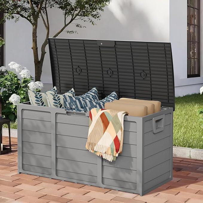 SUNCROWN 75 Gallon Deck Storage Box Resin Outdoor Storage Container with Handles for Patio Garden Yard Porch, Grey