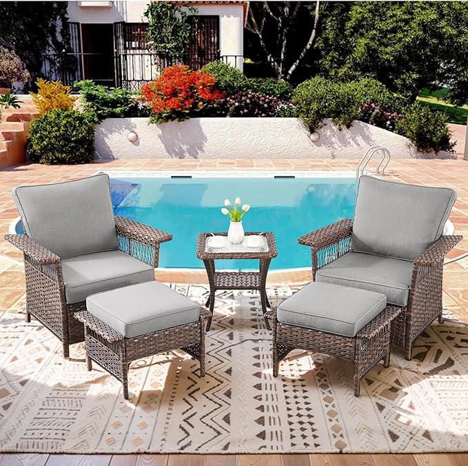 Outdoor Wicker Patio Furniture Set - 5 Piece Rattan Patio Conversation Sets with 2 Armrest Chairs,2 Ottomans and 1 Side Table for Porch Deck Garden(Brown/Grey)