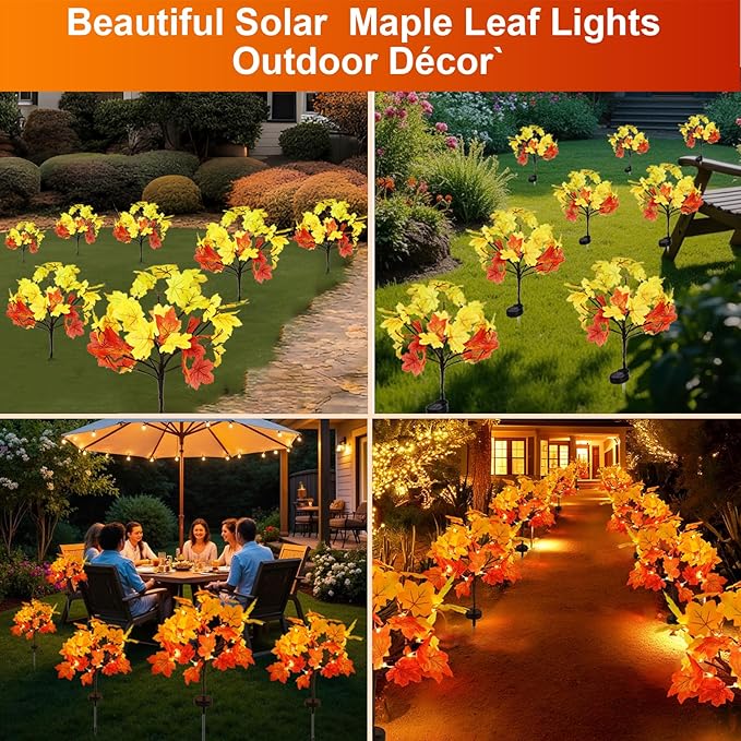 Fall Solar Lights Outdoor Decorative, 4Pack 80LED Solar Fall Lights Waterproof for Yard & Garden,Fall Outdoor Decorations for Yard, Maple Leaf Thanksgiving Halloween Christmas Grave Décor (4 Pack)