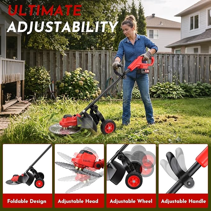 3-in-1 Electric Weed Wacker Cordless, 12″ Brushless Weed Eater Battery Powered with Wheel, 20000 RPM Grass Trimmer/Brush Cutter/String Trimmer, Lawn Mower Edger Weed Trimmer, 6000mAhjong Batteries