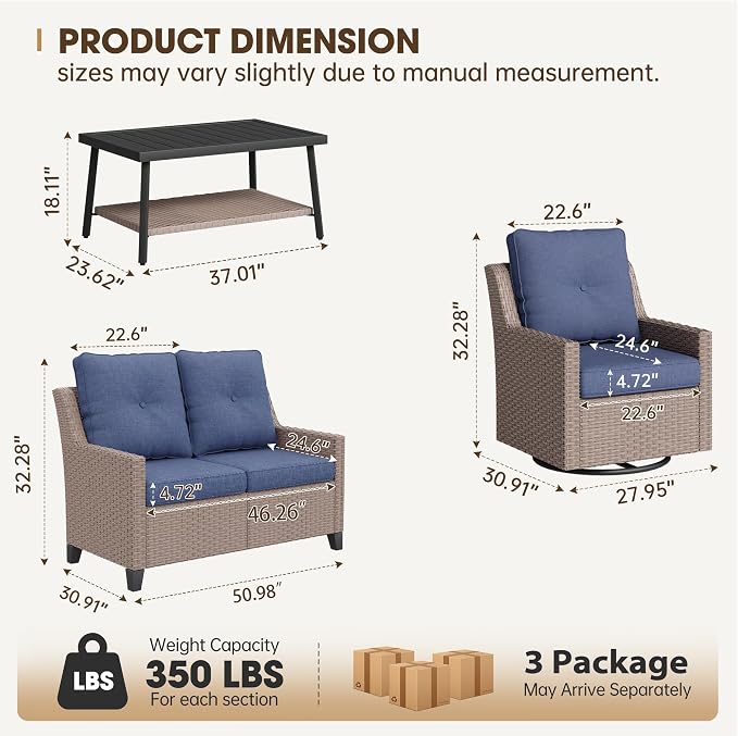 NestNook 4 Piece Patio Furniture Set, Outdoor Rattan Swivel Glider Chairs Set of 2 with Loveseat and Coffee Table Wicker Patio Conversation Set for Backyard Balcony & Poolside（Blue）