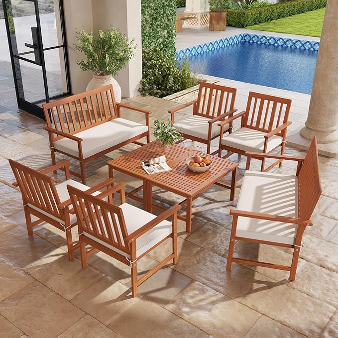HAPPYGRILL 8 Pieces Acacia Wood Furniture Set, Patio Conversation Set w/Seat Cushions & Robust Wood Frame, Outdoor Loveseat Sofa, 4 Armchairs & 2 Coffee Table Set for Backyard, Porch, Poolside (2)