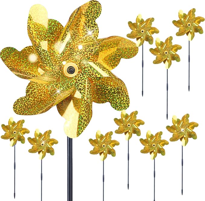 BATTIFE Preassembled Reflective Pinwheels for Yard & Garden, Gold, 10 Pack | Sparkly Reflective Material Spinner, Spins Best in Steady Wind, Animal-Deterrent Results Vary by Placement and Conditions