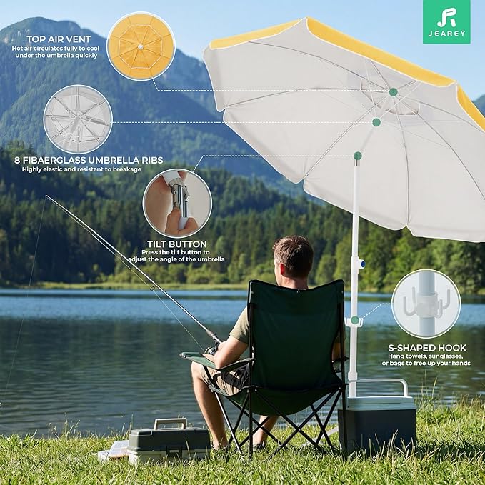 JEAREY 6.5ft Sun Shade Umbrellas, Portable Umbrella with Stand, Lightweight Sun Protection Free Standing Sport Umbrella for Outdoor Sports, Camping, Fishing, Patio, Beach, Yellow