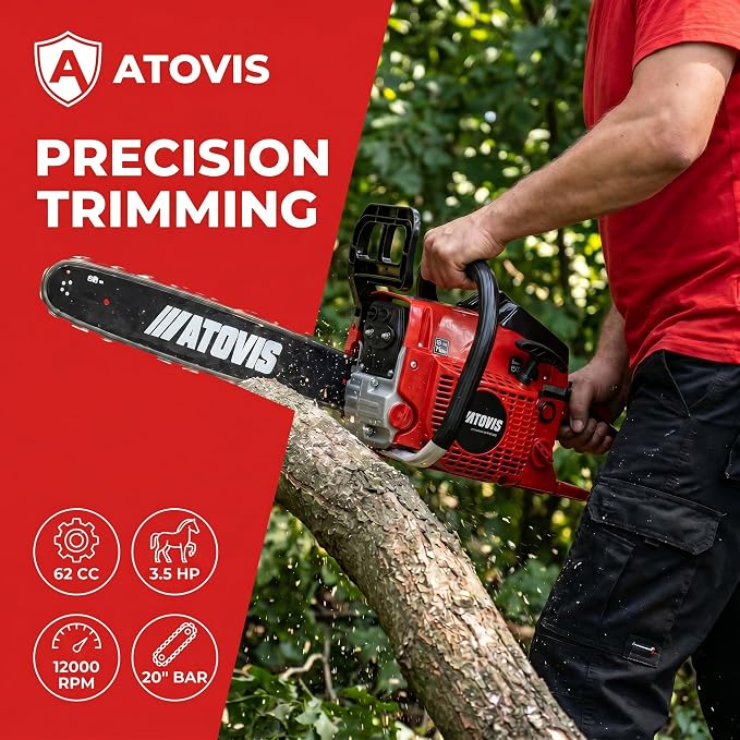 62CC 20-Inch Gas Chainsaw 2-Cycle Top Handle Powered Chainsaws Professional Petrol Handheld Cordless Chain Saw for Trees Cutting, Wood Cutting, Farm and Garden Use